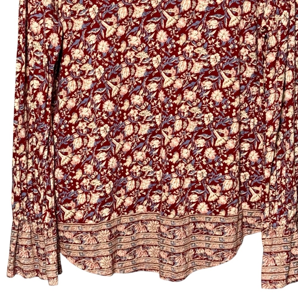 Lucky Brand Floral Burgundy Contrast Border Long Bell Sleeve Lightweight Blouse - Picture 8 of 9